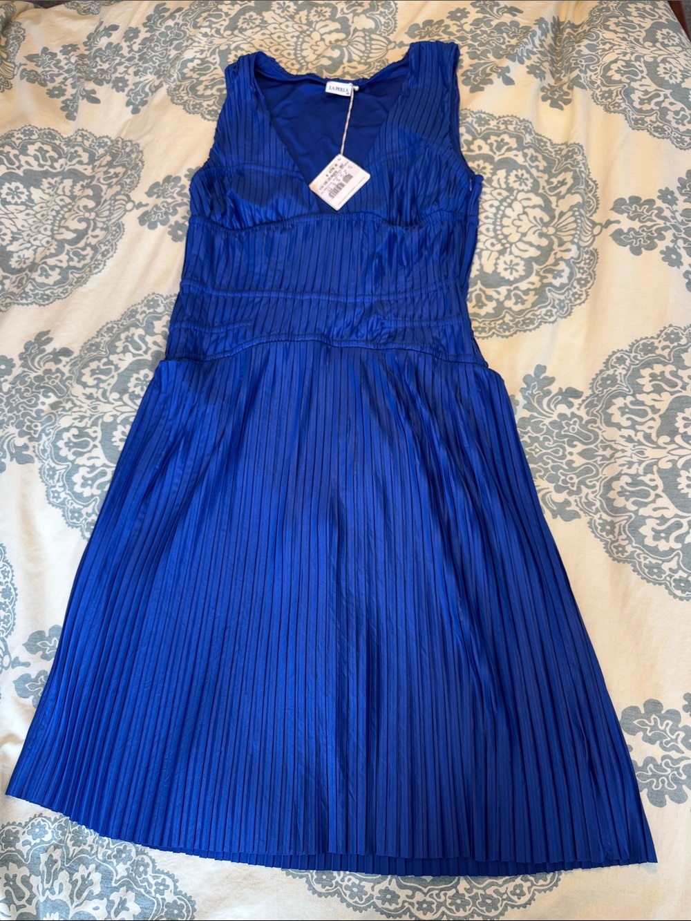 La Perla Royal Blue Pleated V-Neck Midi Dress